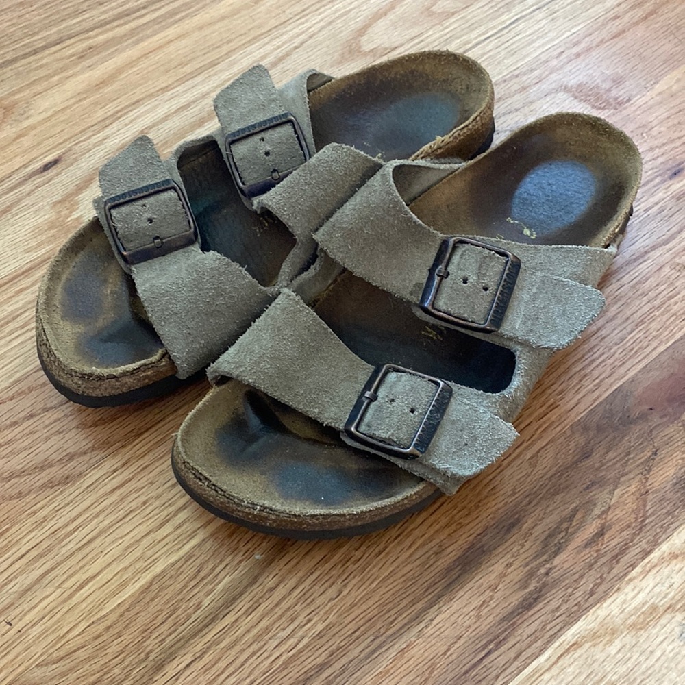 Birkenstock Suede Arizona Sandals. Size 38. New soles, some wear on cork.